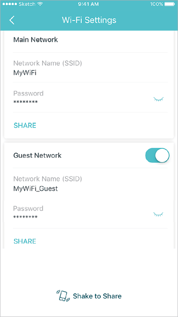 Create a separate network for guests, and shake your device to share the network details easily with family and friends.