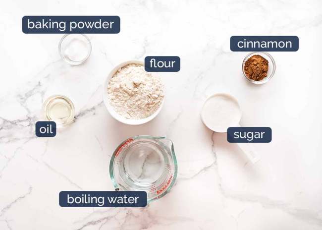 FRI-day Treat Churros ingredients Baking powder, Flour, Cinnamon, Oil, Sugar, Boiling water 
