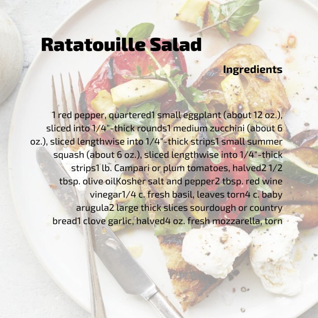 Ratatouille Salad Ingredients
1 red pepper, quartered 1 small eggplant (about 12 oz.), sliced into 1/4"-thick rounds 1 medium zucchini (about 6 oz.), sliced lengthwise into 1/4"-thick strips 1 small summer squash (about 6 oz.), sliced lengthwise into 1/4"-thick strips
1 lb. Campari or plum tomatoes, halved 2 1/2 tbsp. olive oil Kosher salt and pepper 2 tbsp. red wine vinegar 1/4 c. fresh basil, leaves torn
4 c. baby arugula. 2 large thick slices sourdough or country bread 1 clove garlic, halved 4 oz. fresh mozzarella, torn
