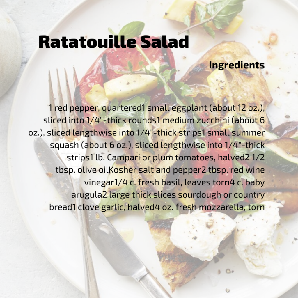 Salade de ratatouille Ingrédients 1 poivron rouge, coupé en quartiers 1 petite aubergine (environ 12 oz), tranchée en rondelles de 1/4 po d'épaisseur 1 courgette moyenne (environ 6 oz), tranchée dans le sens de la longueur en lanières de 1/4 po d'épaisseur 1 petit été courge (environ 6 oz), tranchée sur la longueur en lanières de 1/4 "d'épaisseur 1 lb de tomates Campari ou italiennes, coupées en deux 2 1/2 c. à soupe d'huile d'olive Sel et poivre casher 2 c. à soupe de vinaigre de vin rouge 1/4 c. basilic frais, feuilles déchirées 4 c. bébé roquette.2 grosses tranches épaisses de pain au levain ou de campagne 1 gousse d'ail, coupée en deux 4 oz de mozzarella fraîche, déchirée