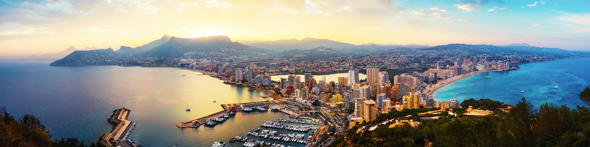 Aerial view of Calpe, Costa Blanca at sunset. Popular summer resort in Spain